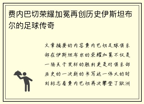 费内巴切荣耀加冕再创历史伊斯坦布尔的足球传奇
