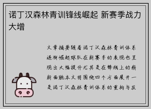 诺丁汉森林青训锋线崛起 新赛季战力大增